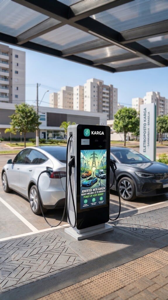 Eletroposto Karga em Samambaia, Brasília: totem de recarga rápida DC 60 kW com dois veículos elétricos conectados e painel de mídia digital